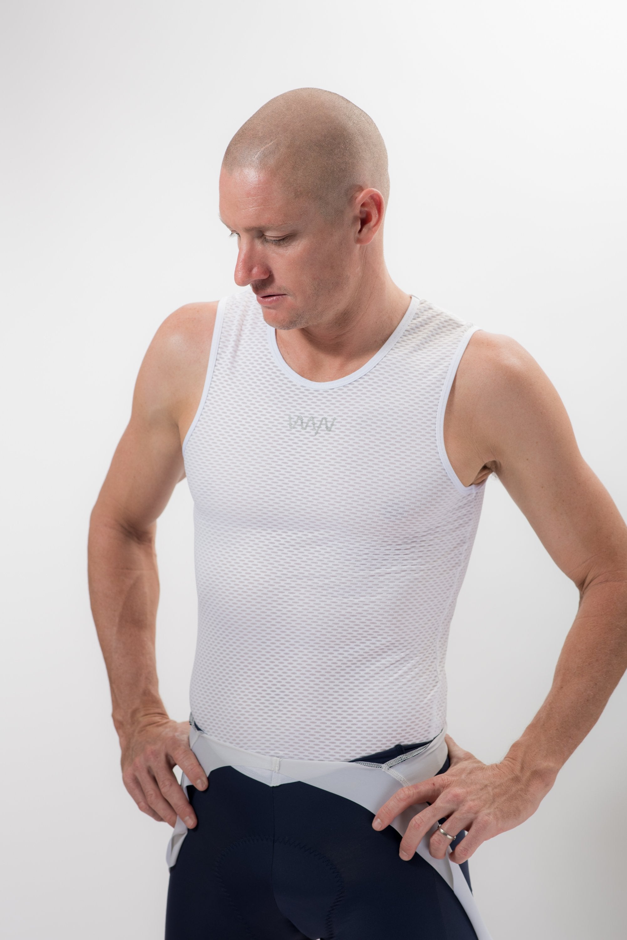 men's white sleeveless base layer