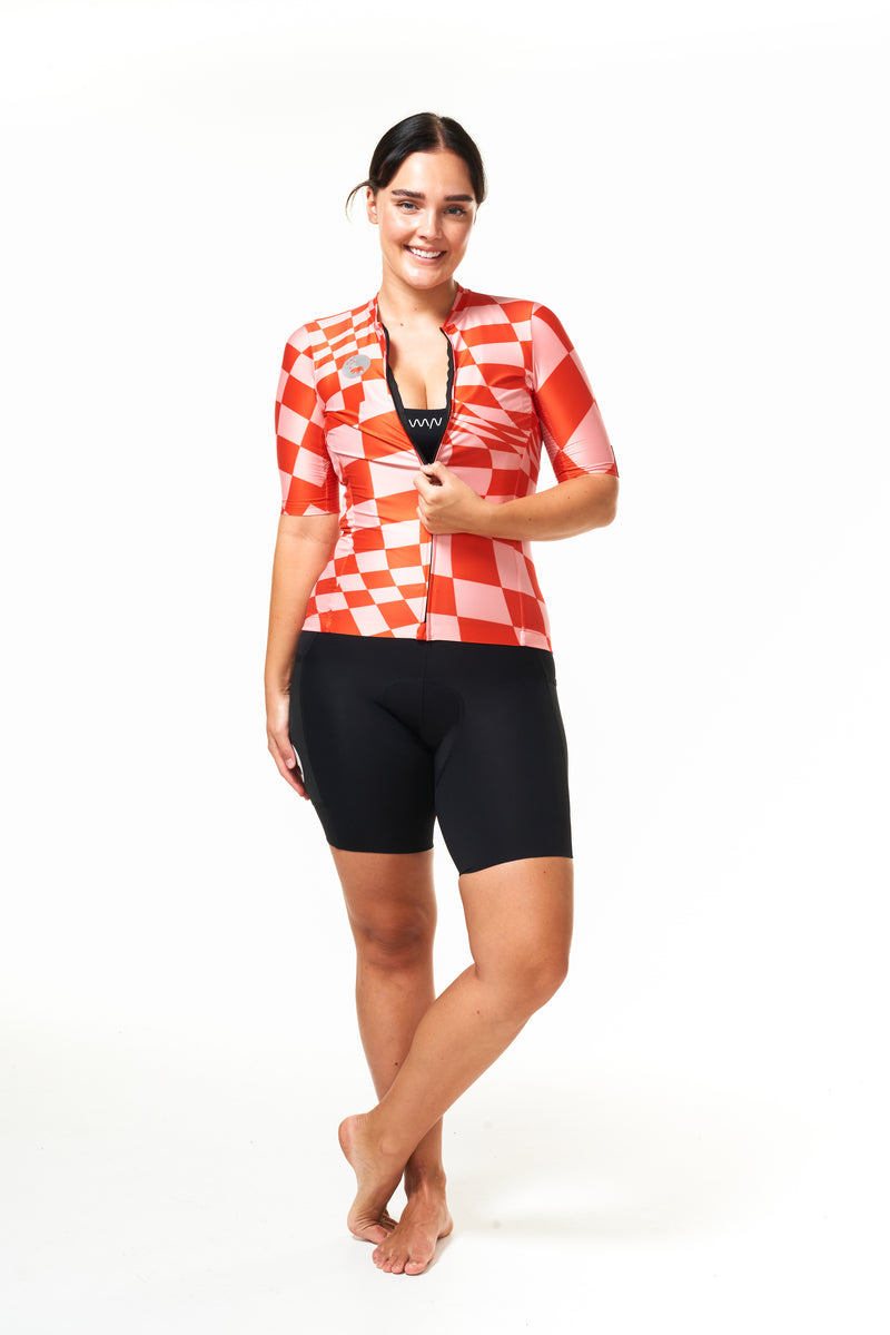 women's check mate premium cycling jersey - scarlet check